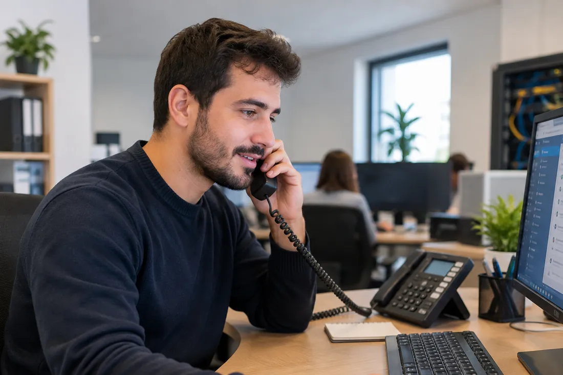 Un consultant du support Styléo au téléphone avec un client, devant son écran Odoo